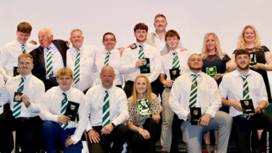 Barry RFC award winners on stage at the end of the presentations.