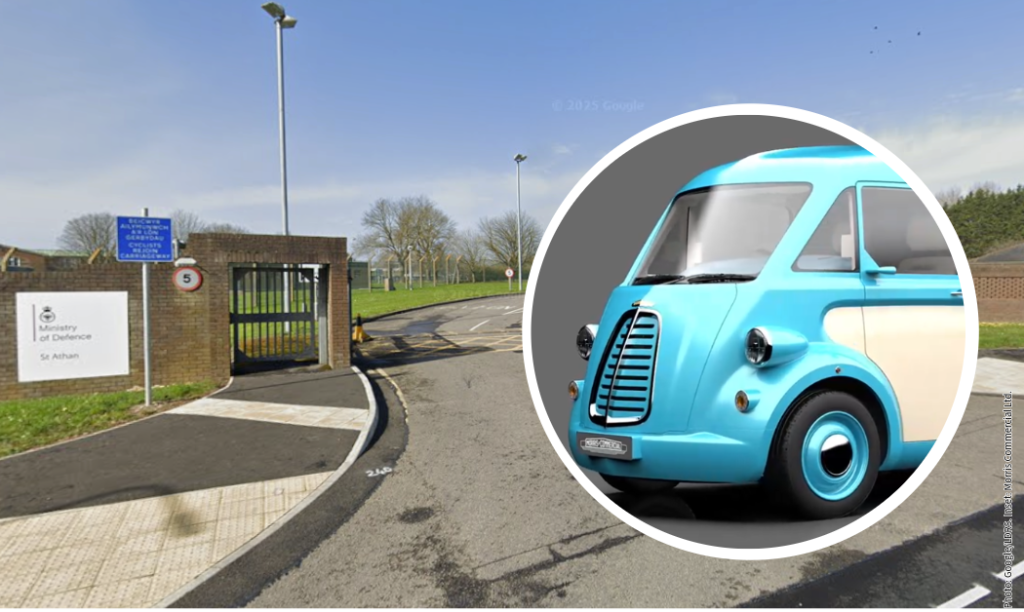The entrance to the former Ministry of Defence site, with variation of Commercial JE electric vehicle. Photo: Google; Inset: Morris Commercial Ltd