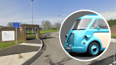 The entrance to the former Ministry of Defence site, with variation of Commercial JE electric vehicle. Photo: Google; Inset: Morris Commercial Ltd