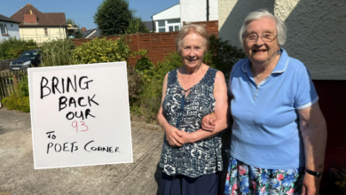 Two local ladies, both named Hazel Davies, want a bus stop at ‘Poets’ Corner’.