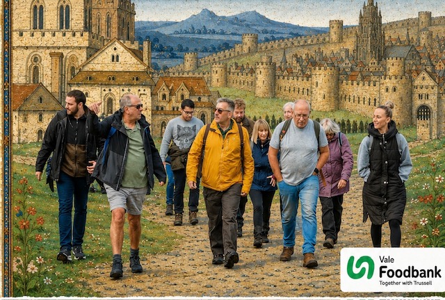 Foodbank walkers in the ancient town of Barry (reimagined by AI).