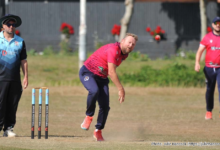James Smith bowling for Pencoed. Photo: Julie Hancock (https://juliehancock.org)