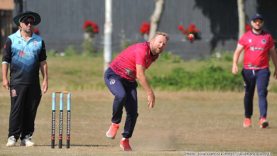 James Smith bowling for Pencoed. Photo: Julie Hancock (https://juliehancock.org)