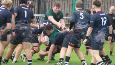 | Prop Eli Morgan, supported by hooker Jensen Wilding, carries the ball into contact. Photo: Judith Dutton.