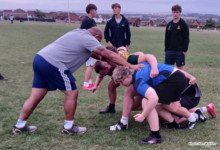 Learning from the best. Fa’ao Falise working with Barry’s forwards in training.