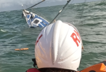 The yacht sinking on Scarweather Sands. Photo: Porthcawl RNLI.