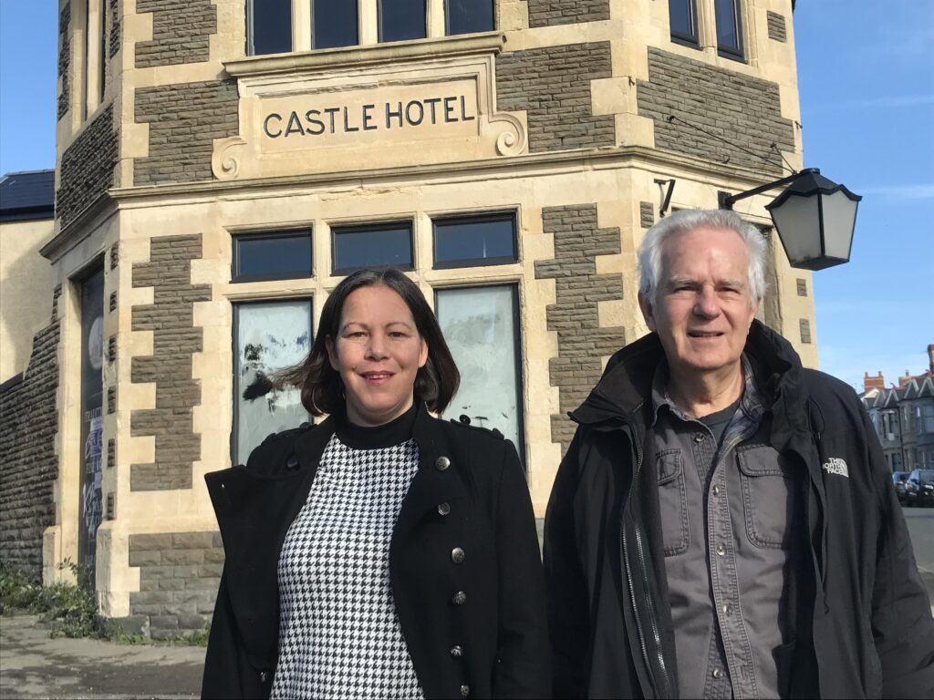 Cllr Millie Collins and Cllr Dennis Clarke outside the Castle Hotel.
