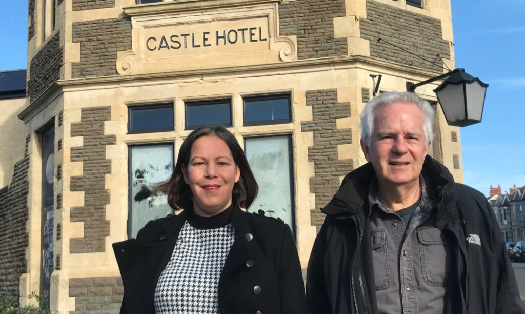 Cllr Millie Collins and Cllr Dennis Clarke outside the Castle Hotel.