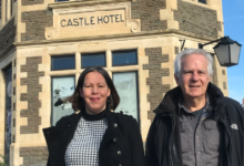 Cllr Millie Collins and Cllr Dennis Clarke outside the Castle Hotel.