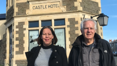 Cllr Millie Collins and Cllr Dennis Clarke outside the Castle Hotel.