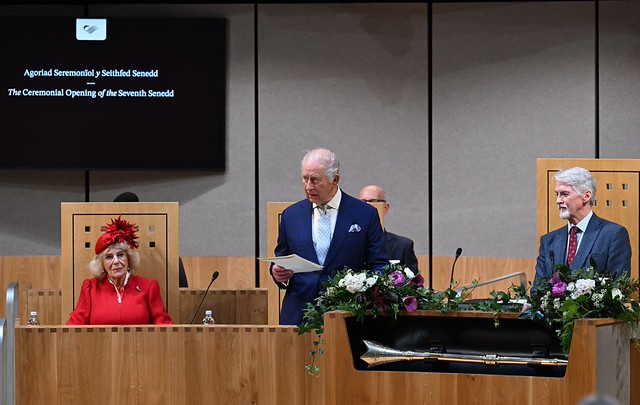 King Charles III addressing the Siambr. Photo: Welsh Parliament.