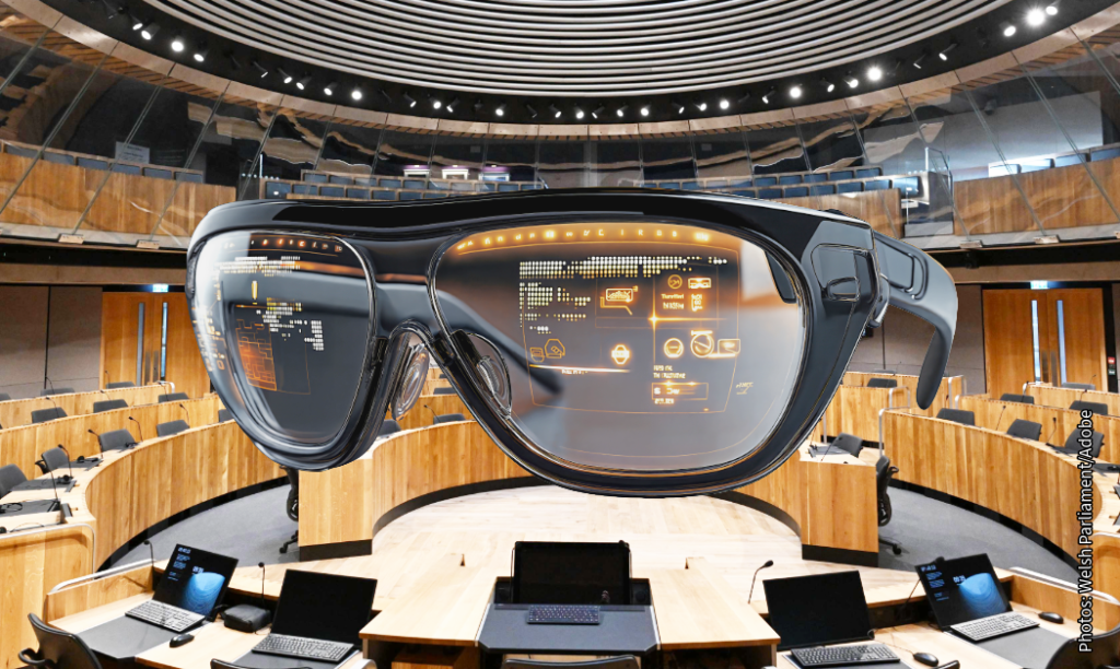 Senedd Chamber and smart glasses.