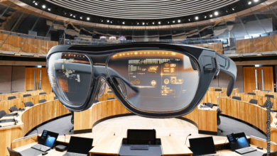 Senedd Chamber and smart glasses.